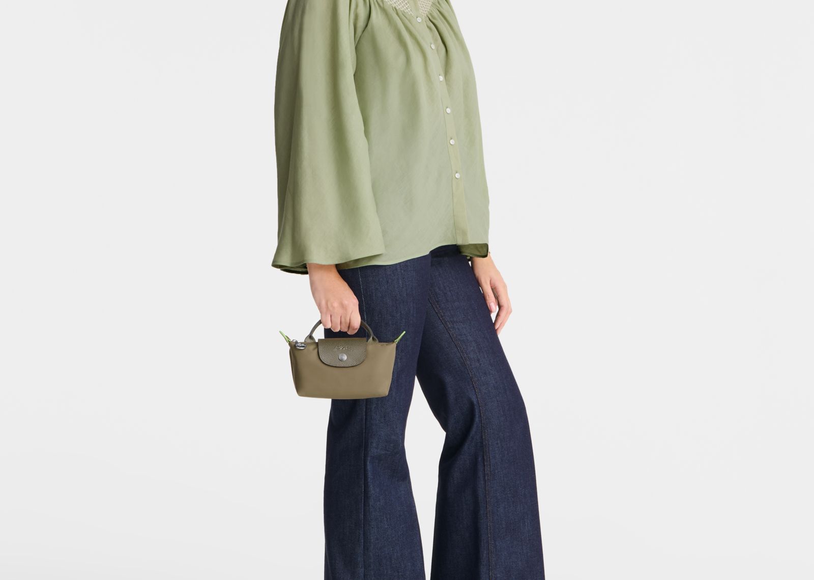 Longchamp Le Pliage Green Pouch with Handle Artichoke